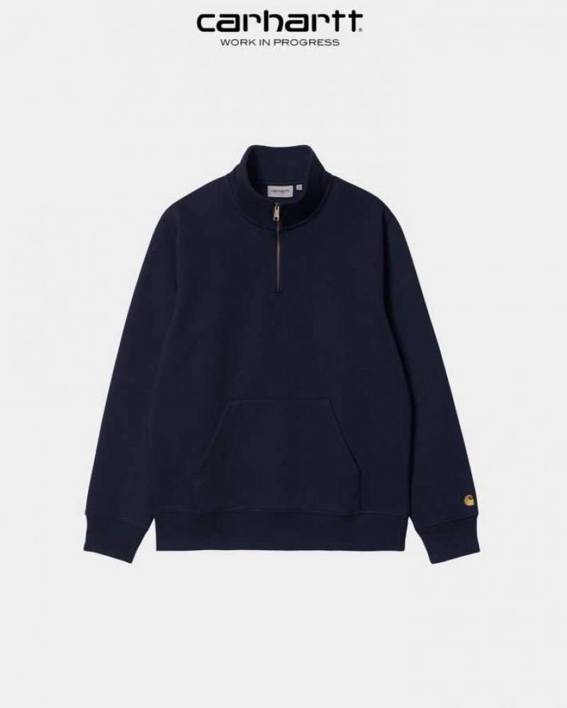 Bleu Marine Foncé Carhartt Wip Chase Neck Zip Sweatshirt Bleu Marine - Danmark SMP-3389553