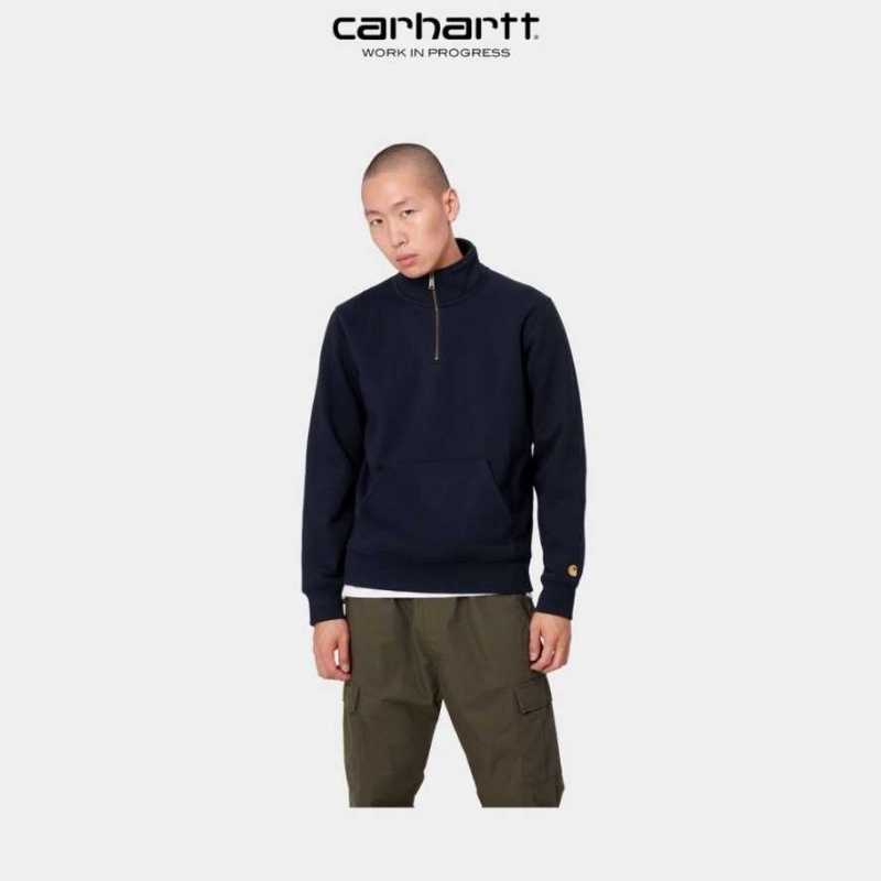 Bleu Marine Foncé Carhartt Wip Chase Neck Zip Sweatshirt Bleu Marine - Danmark SMP-3389553