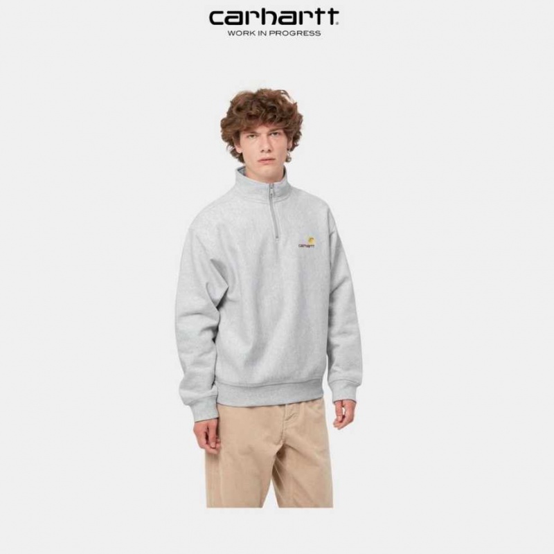 Ash Heather Carhartt Wip Half Zip American Script Sweatshirt Ash - Danmark PDB-9115085