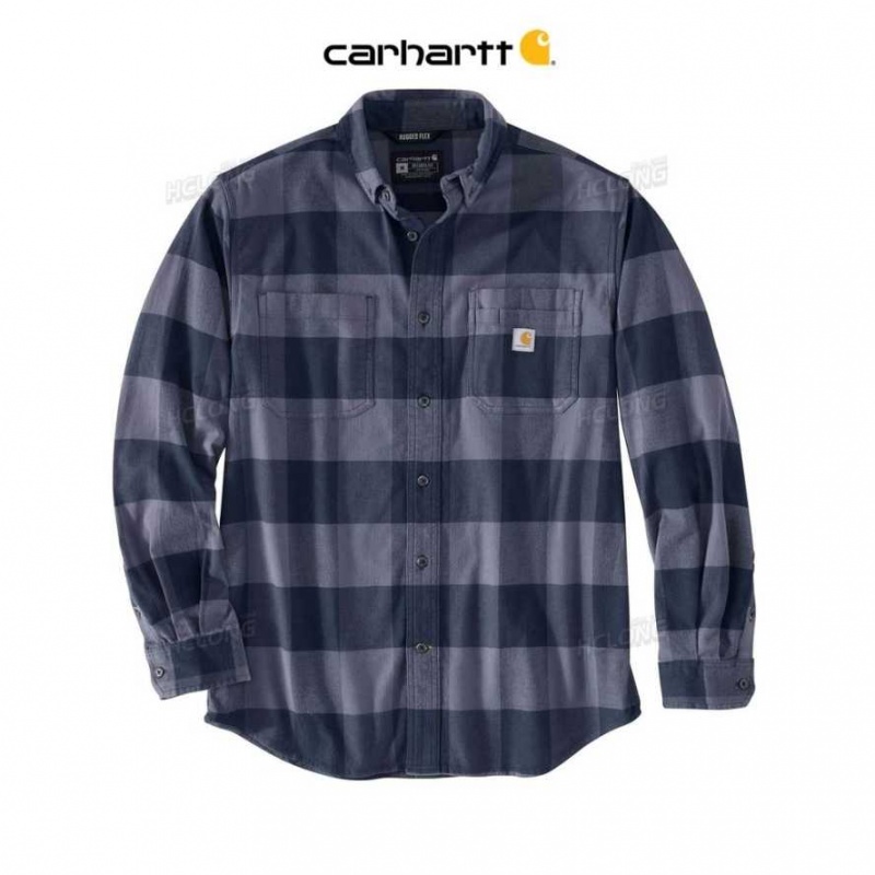 Bleu Marine Carhartt Rugged Flex Relaxed Fit Midweight Flannel Long-Sleeve Plaid Shirt Bleu - Danmark AQZ-7127406