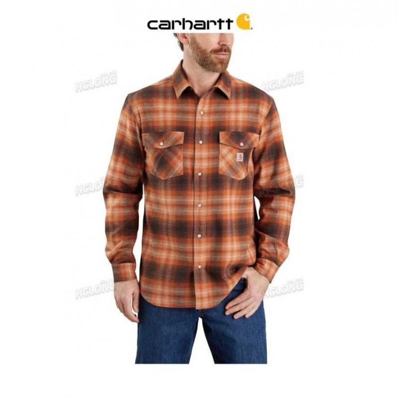 Burnt Sienna Carhartt Rugged Flex Relaxed Fit Midweight Flannel Long-Sleeve Snap-Front Plaid Shirt Burnt - Danmark HRI-9028641