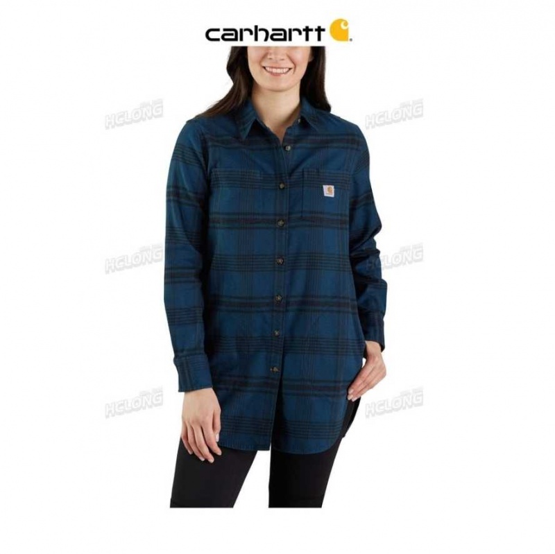 Bleu Carhartt Rugged Flex Relaxed Fit Midweight Flannel Long-Sleeve Plaid Tunic - Danmark YJF-3487787