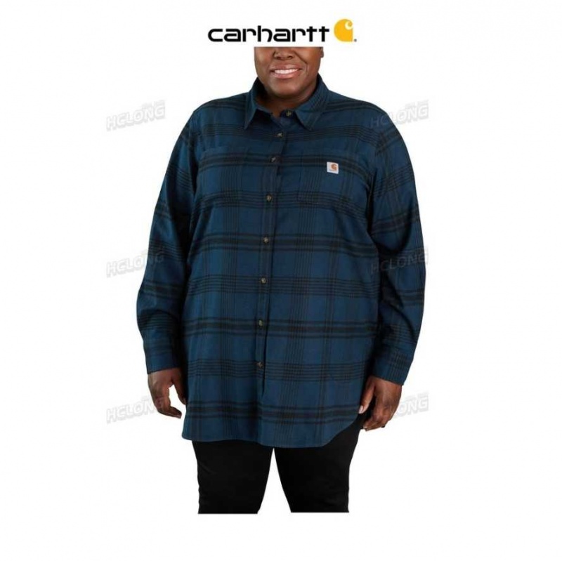 Bleu Carhartt Rugged Flex Relaxed Fit Midweight Flannel Long-Sleeve Plaid Tunic - Danmark YJF-3487787