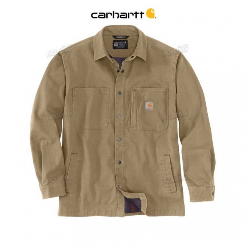 Kaki Foncé Carhartt Rugged Flex Relaxed Fit Tela Fleece-Doublée Snap-Front Shirt Jac Kaki - Danmark EPW-7198695