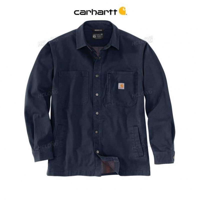 Bleu Marine Carhartt Rugged Flex Relaxed Fit Tela Fleece-Doublée Snap-Front Shirt Jac Bleu - Danmark BJT-4603737