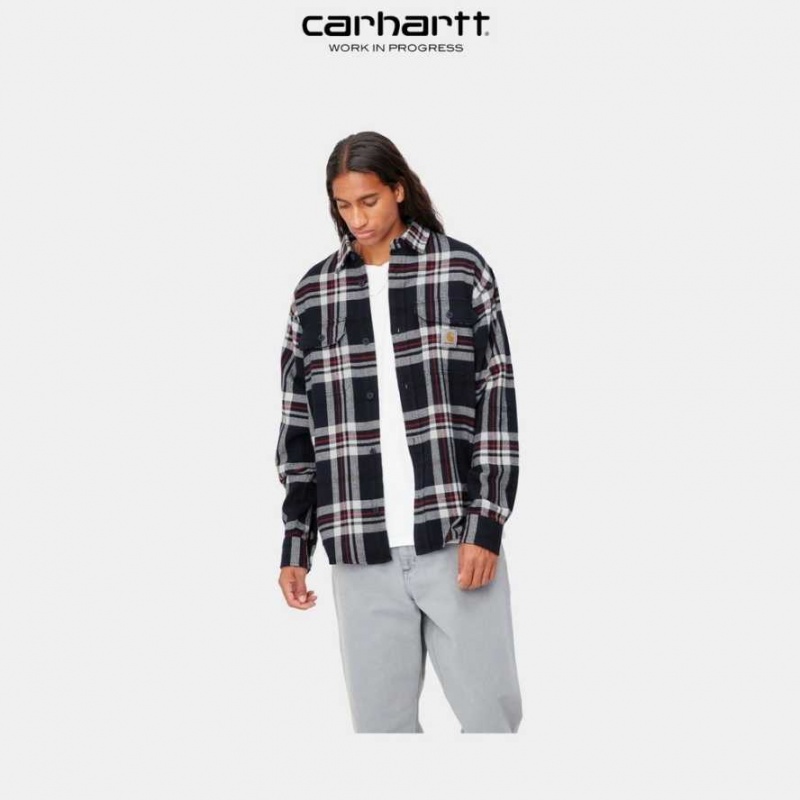 Bleu Marine Foncé Carhartt Wip Wallace Check Shirt Bleu Marine - Danmark ZVT-7070113