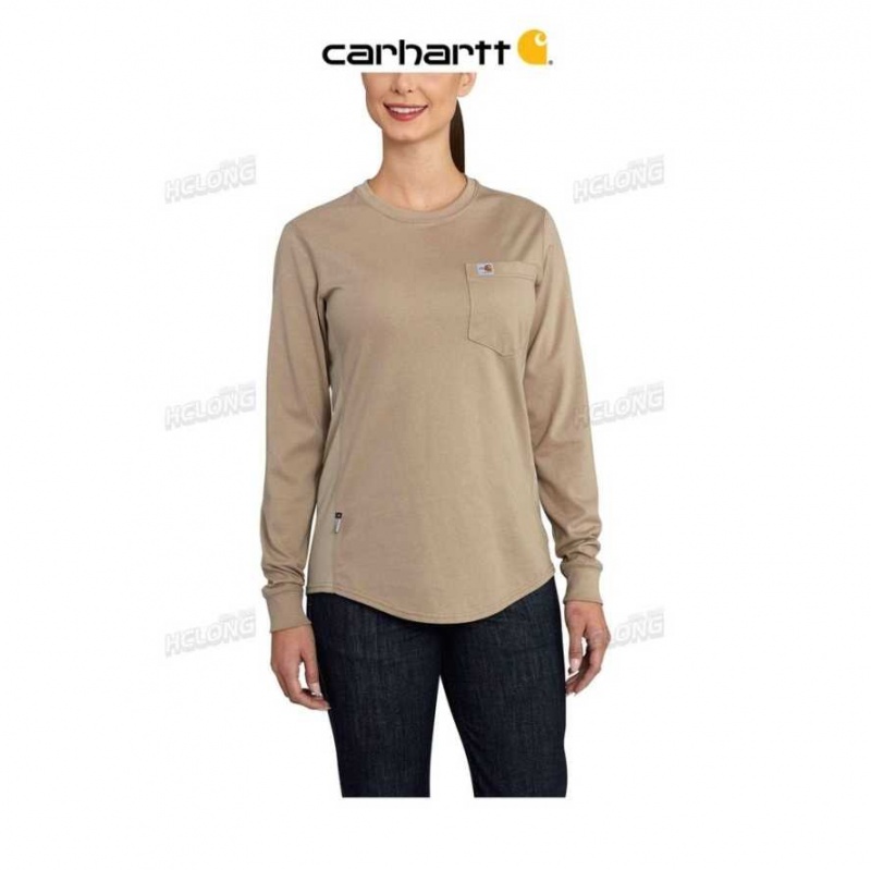 Kaki Carhartt Flame-Resistant Force Coton Long-Sleeve Crewneck T-Shirt - Danmark LRK-4752484