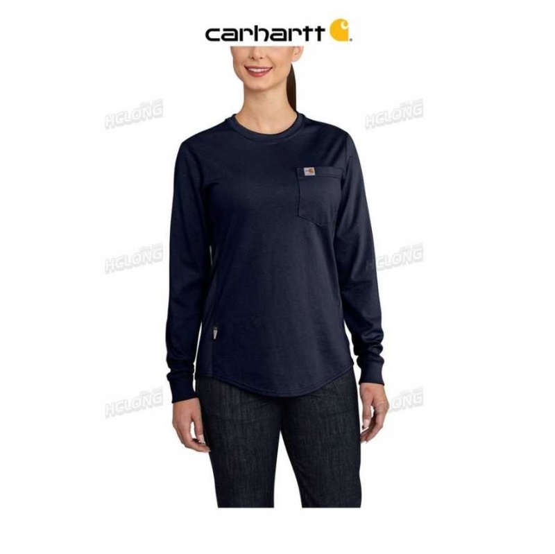 Bleu Marine Foncé Carhartt Flame-Resistant Force Coton Long-Sleeve Crewneck T-Shirt Bleu Marine - Danmark DLF-7712586