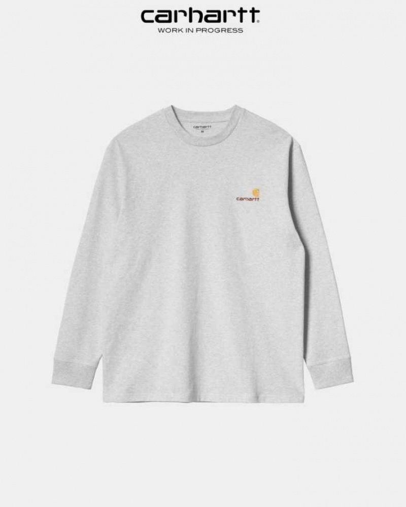 Ash Heather Carhartt Wip American Script Long Sleeve T-Shirt Ash - Danmark EKK-9606392