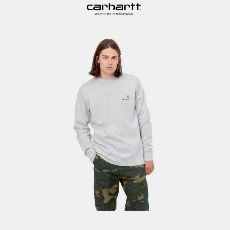 Ash Heather Carhartt Wip American Script Long Sleeve T-Shirt Ash - Danmark EKK-9606392