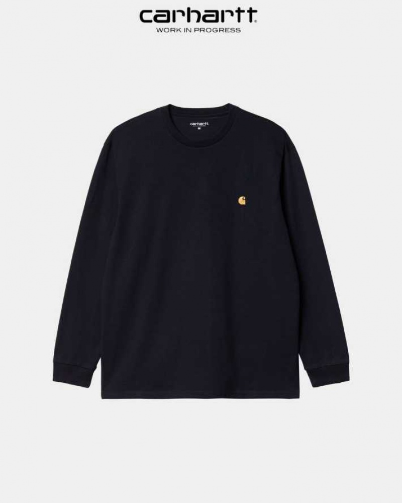 Bleu Marine Foncé Carhartt Wip Chase Long Sleeve T-Shirt Bleu Marine - Danmark GPP-6363549