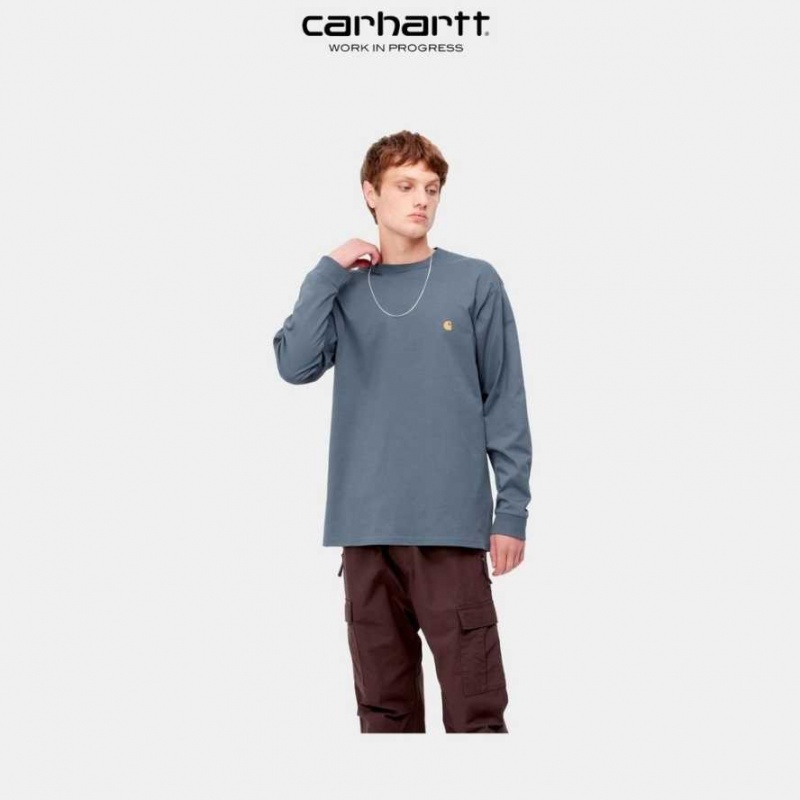 Bleu Carhartt Wip Chase Long Sleeve T-Shirt - Danmark ZGR-5441328