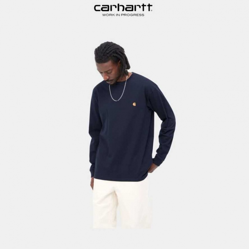 Bleu Marine Foncé Carhartt Wip Chase Long Sleeve T-Shirt Bleu Marine - Danmark GPP-6363549