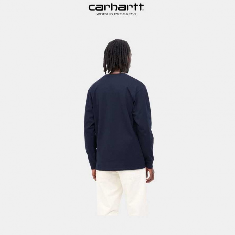 Bleu Marine Foncé Carhartt Wip Chase Long Sleeve T-Shirt Bleu Marine - Danmark GPP-6363549