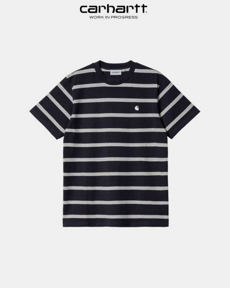 Bleu Marine Foncé Carhartt Wip Glover Stripe T-Shirt Bleu Marine - Danmark FAU-5102701