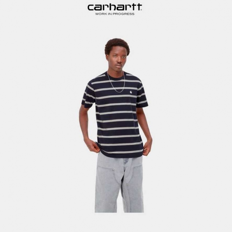 Bleu Marine Foncé Carhartt Wip Glover Stripe T-Shirt Bleu Marine - Danmark FAU-5102701