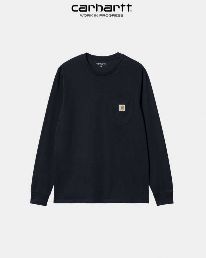 Bleu Marine Foncé Carhartt Wip Long Sleeve Pocket T-Shirt Bleu Marine - Danmark LCW-5245944