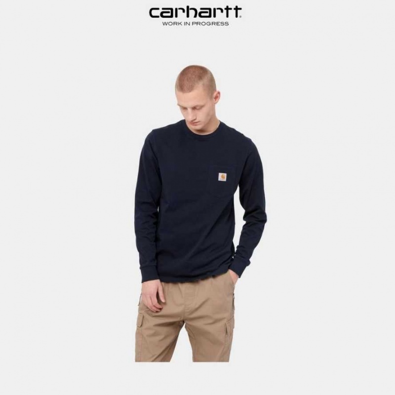 Bleu Marine Foncé Carhartt Wip Long Sleeve Pocket T-Shirt Bleu Marine - Danmark LCW-5245944