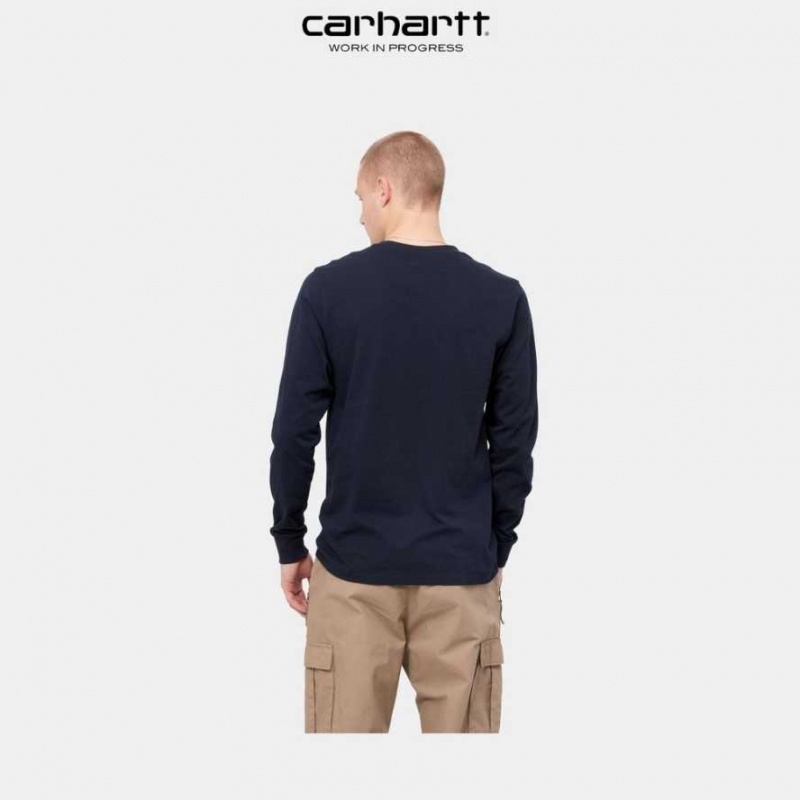 Bleu Marine Foncé Carhartt Wip Long Sleeve Pocket T-Shirt Bleu Marine - Danmark LCW-5245944