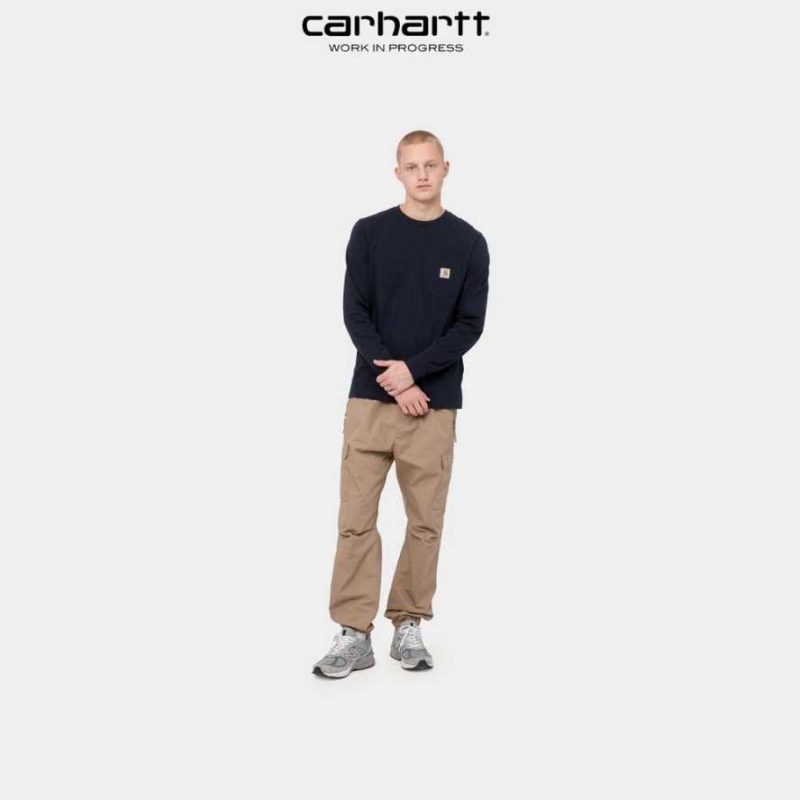 Bleu Marine Foncé Carhartt Wip Long Sleeve Pocket T-Shirt Bleu Marine - Danmark LCW-5245944