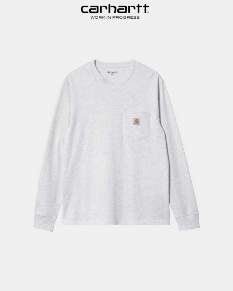 Ash Heather Carhartt Wip Long Sleeve Pocket T-Shirt Ash - Danmark DHD-6476911