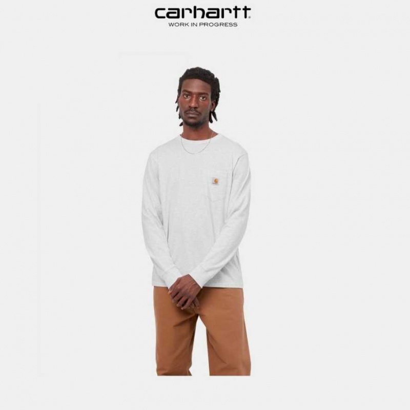 Ash Heather Carhartt Wip Long Sleeve Pocket T-Shirt Ash - Danmark DHD-6476911