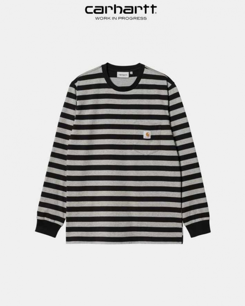 Noir Grise Carhartt Wip Merrick Stripe Long Sleeve Pocket T-Shirt Noir - Danmark TXM-8961181