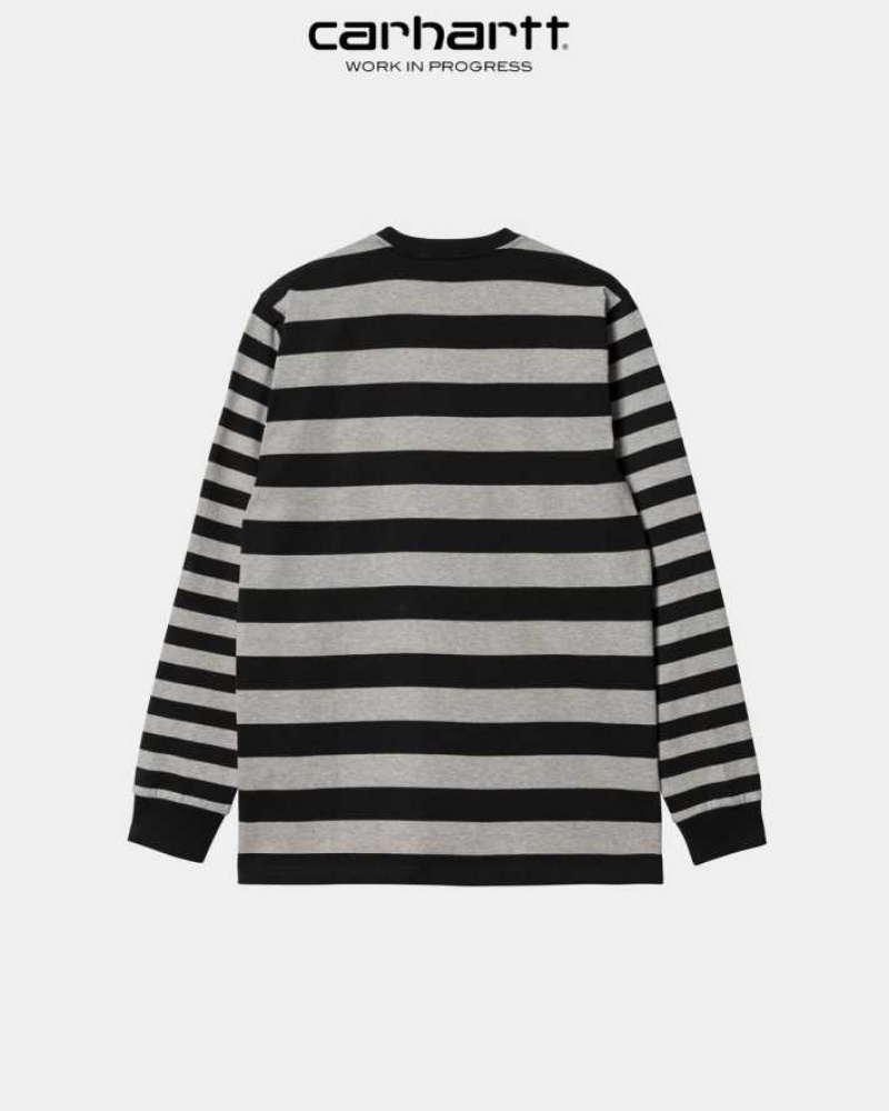 Noir Grise Carhartt Wip Merrick Stripe Long Sleeve Pocket T-Shirt Noir - Danmark TXM-8961181