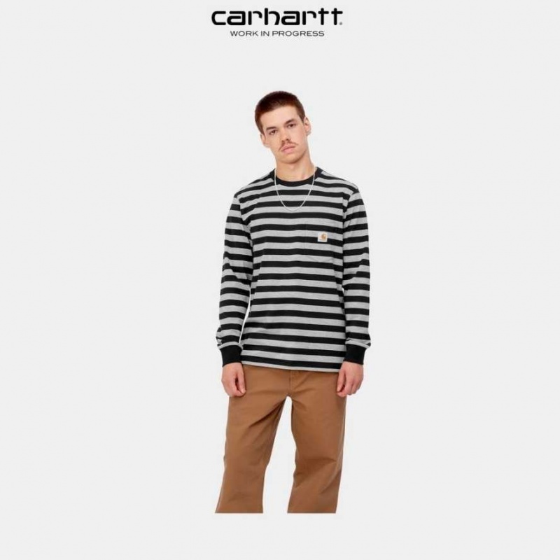 Noir Grise Carhartt Wip Merrick Stripe Long Sleeve Pocket T-Shirt Noir - Danmark TXM-8961181