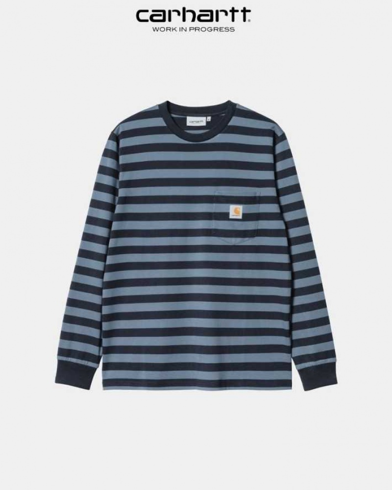 Bleu Marine Foncé Bleu Carhartt Wip Merrick Stripe Long Sleeve Pocket T-Shirt Bleu Marine Foncé - Danmark LIL-6280853