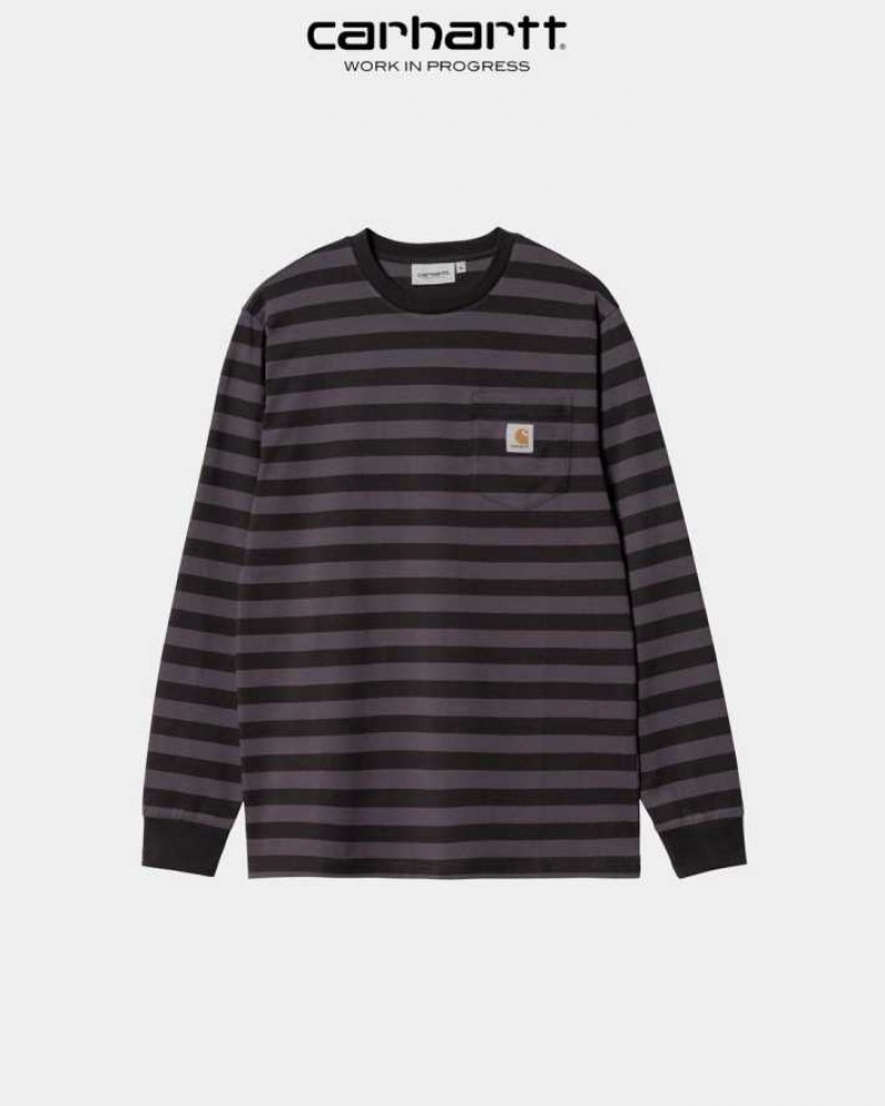 Soot / Artichoke Carhartt Wip Merrick Stripe Long Sleeve Pocket T-Shirt Soot / - Danmark FSI-2916857