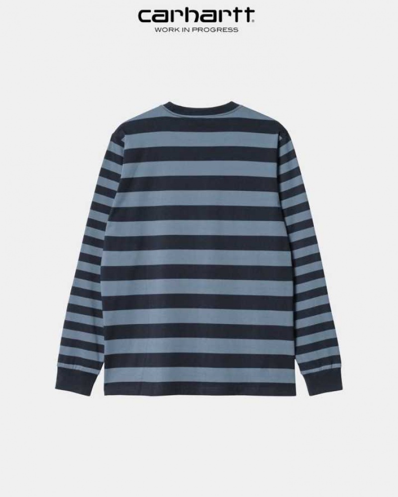 Bleu Marine Foncé Bleu Carhartt Wip Merrick Stripe Long Sleeve Pocket T-Shirt Bleu Marine Foncé - Danmark LIL-6280853