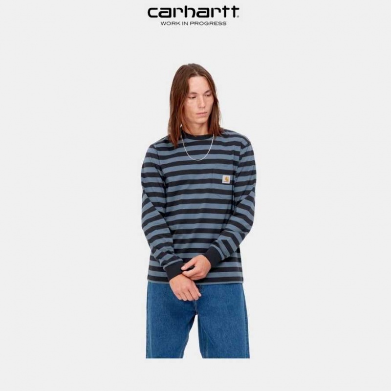 Bleu Marine Foncé Bleu Carhartt Wip Merrick Stripe Long Sleeve Pocket T-Shirt Bleu Marine Foncé - Danmark LIL-6280853