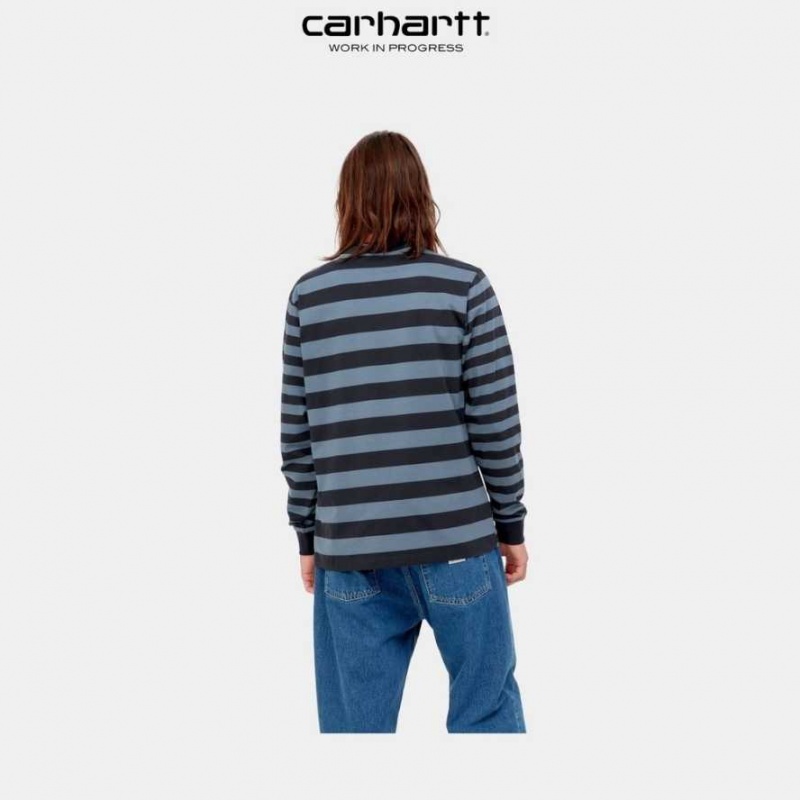 Bleu Marine Foncé Bleu Carhartt Wip Merrick Stripe Long Sleeve Pocket T-Shirt Bleu Marine Foncé - Danmark LIL-6280853