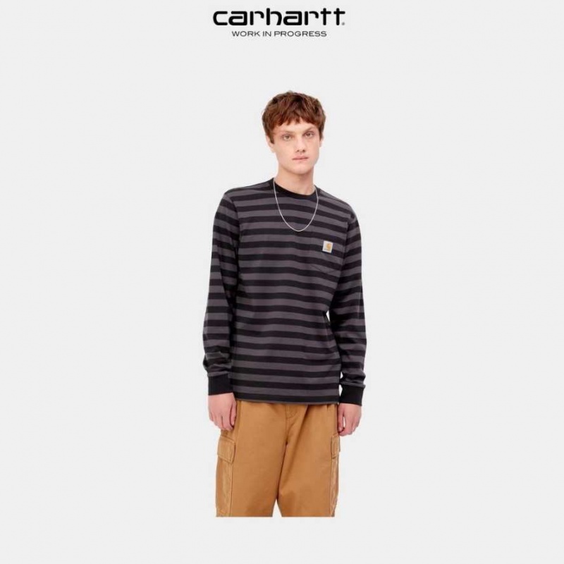 Soot / Artichoke Carhartt Wip Merrick Stripe Long Sleeve Pocket T-Shirt Soot / - Danmark FSI-2916857