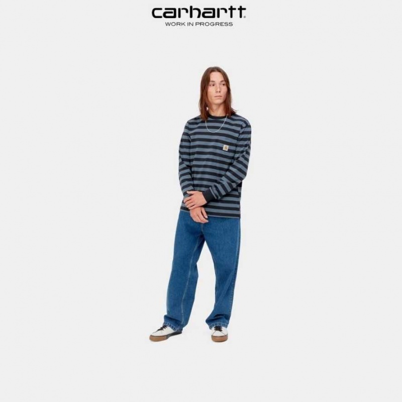 Bleu Marine Foncé Bleu Carhartt Wip Merrick Stripe Long Sleeve Pocket T-Shirt Bleu Marine Foncé - Danmark LIL-6280853