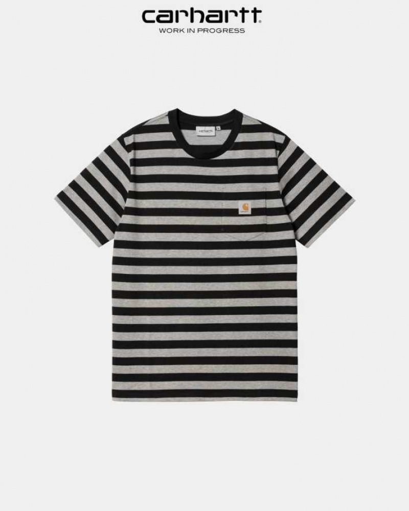 Noir Grise Carhartt Wip Merrick Stripe Pocket T-Shirt Noir - Danmark XYF-5645190