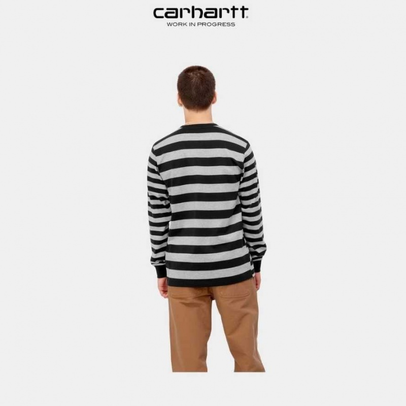 Noir Grise Carhartt Wip Merrick Stripe Long Sleeve Pocket T-Shirt Noir - Danmark TXM-8961181