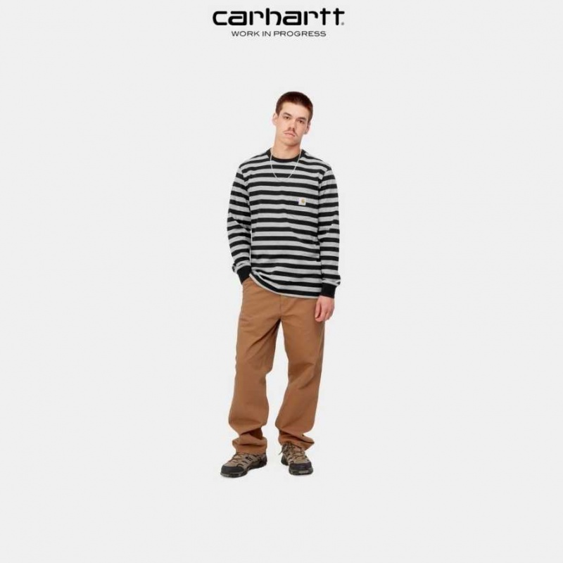 Noir Grise Carhartt Wip Merrick Stripe Long Sleeve Pocket T-Shirt Noir - Danmark TXM-8961181