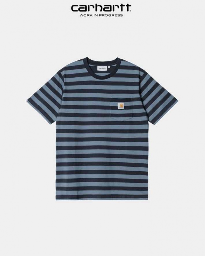 Bleu Marine Foncé Bleu Carhartt Wip Merrick Stripe Pocket T-Shirt Bleu Marine Foncé - Danmark SYQ-0602473