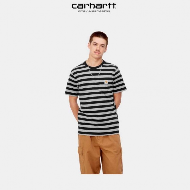 Noir Grise Carhartt Wip Merrick Stripe Pocket T-Shirt Noir - Danmark XYF-5645190