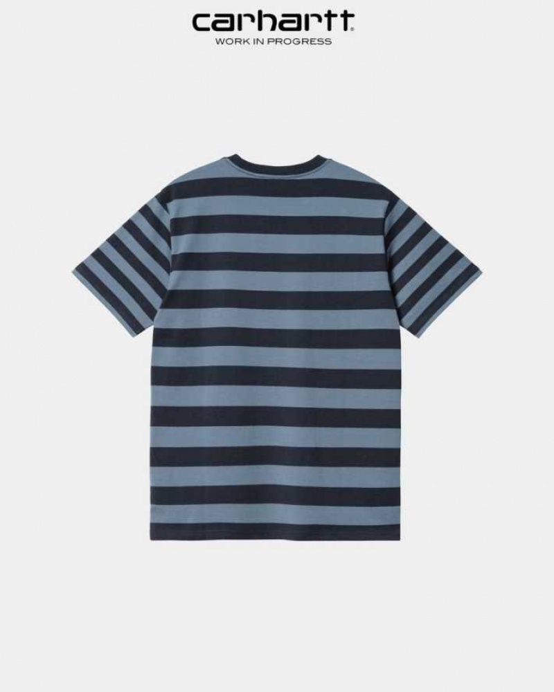 Bleu Marine Foncé Bleu Carhartt Wip Merrick Stripe Pocket T-Shirt Bleu Marine Foncé - Danmark SYQ-0602473