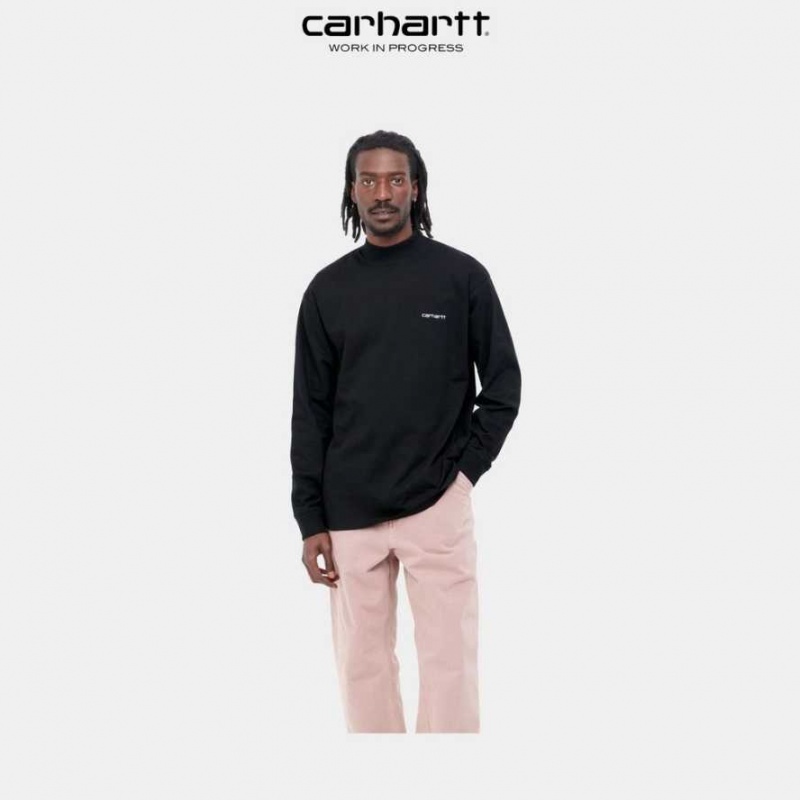 Noir Carhartt Wip Mockneck Script Embroidery Long Sleeve T-Shirt - Danmark OST-4959925