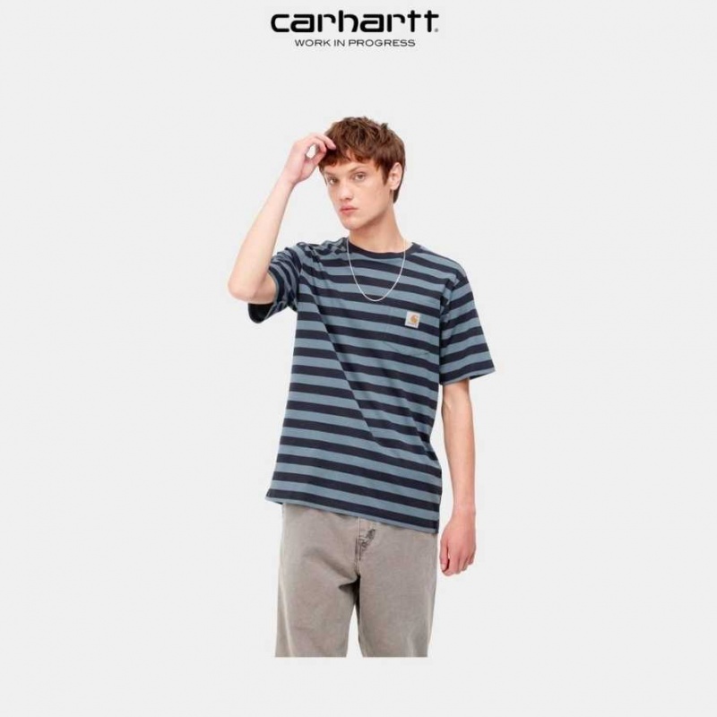 Bleu Marine Foncé Bleu Carhartt Wip Merrick Stripe Pocket T-Shirt Bleu Marine Foncé - Danmark SYQ-0602473