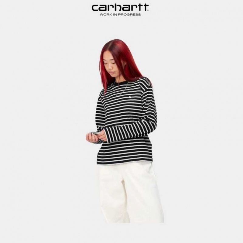 Noir Carhartt Wip Nell Stripe Long Sleeve T-Shirt - Danmark ICQ-0033428