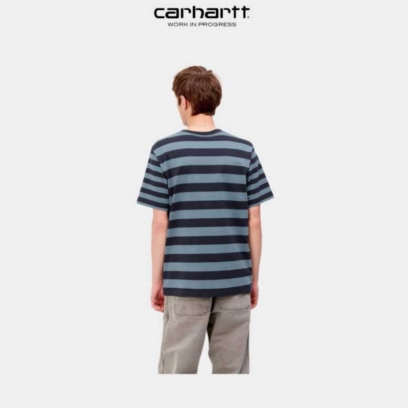 Bleu Marine Foncé Bleu Carhartt Wip Merrick Stripe Pocket T-Shirt Bleu Marine Foncé - Danmark SYQ-0602473