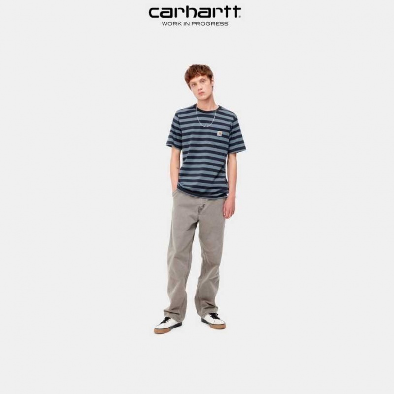 Bleu Marine Foncé Bleu Carhartt Wip Merrick Stripe Pocket T-Shirt Bleu Marine Foncé - Danmark SYQ-0602473