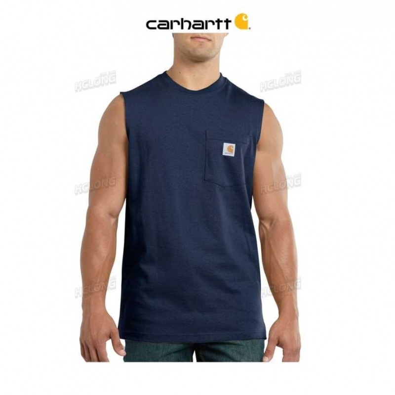 Bleu Marine Carhartt Relaxed Fit Heavyweight Sans Manches Pocket T-Shirt Bleu - Danmark GIO-1573375