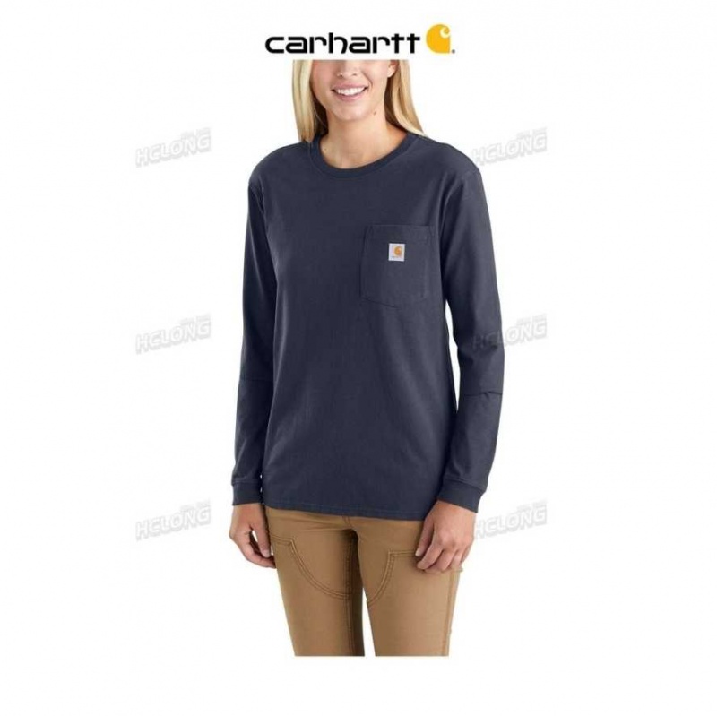 Bleu Marine Carhartt Loose Fit Heavyweight Long-Sleeve Pocket T-Shirt Bleu - Danmark WKU-3954180