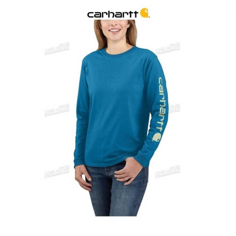 Bleu Carhartt Loose Fit Heavyweight Long-Sleeve Logo Sleeve Graphique T-Shirt - Danmark CDQ-6458878